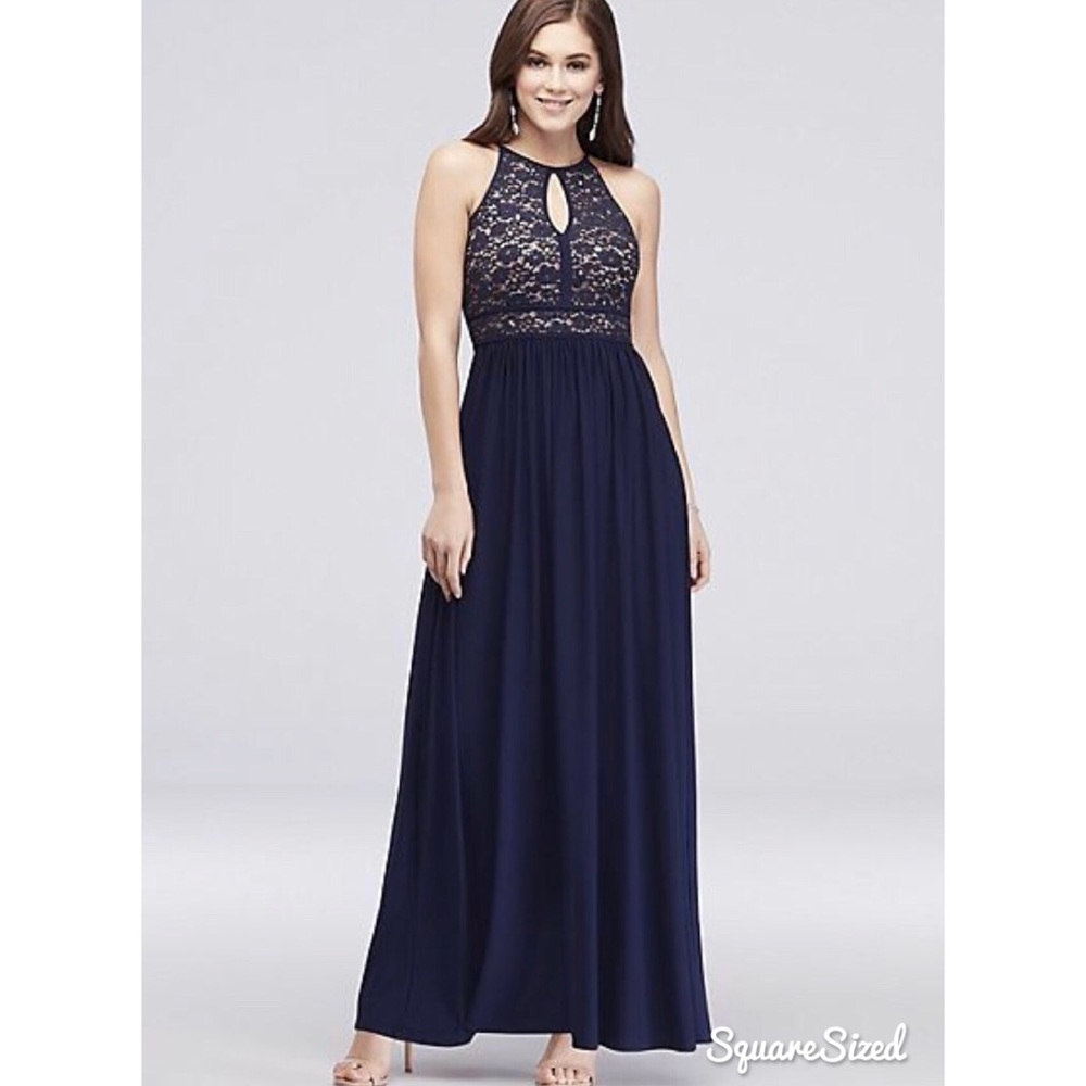 Navy lace key hole tie back halter bridemaid dress